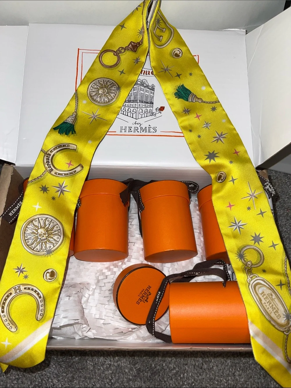 Hermés C’est La Fete Yellow & Grey Silk Twilly Scarf with Roses